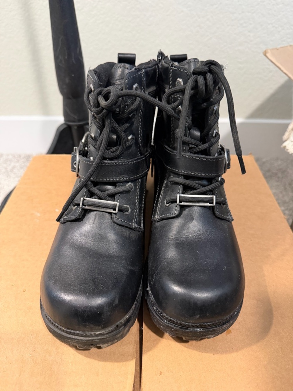 Harley Davidson Black Leather Lace-Up Buckle Motorcycle Boots Size 9
